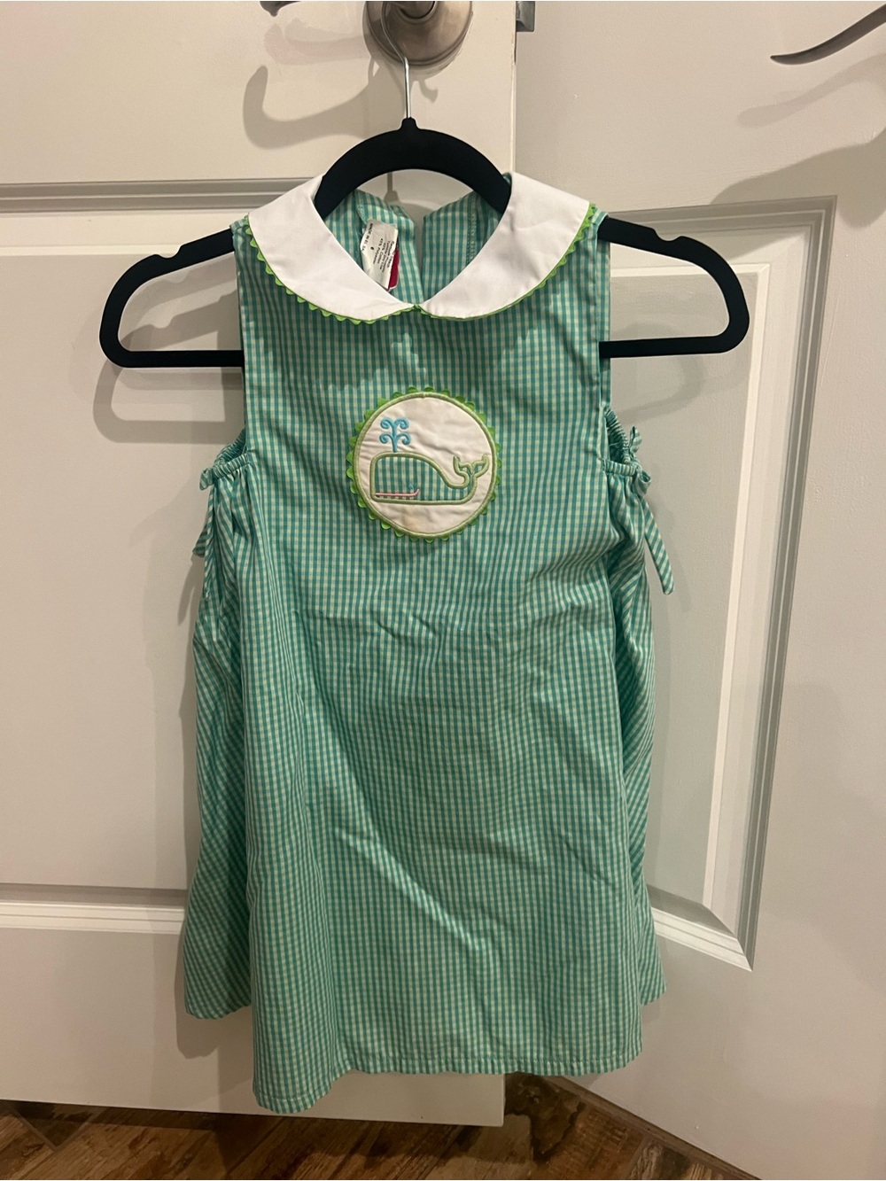 Girls' Green Seersucker Whale Appliqué Dress with White Collar